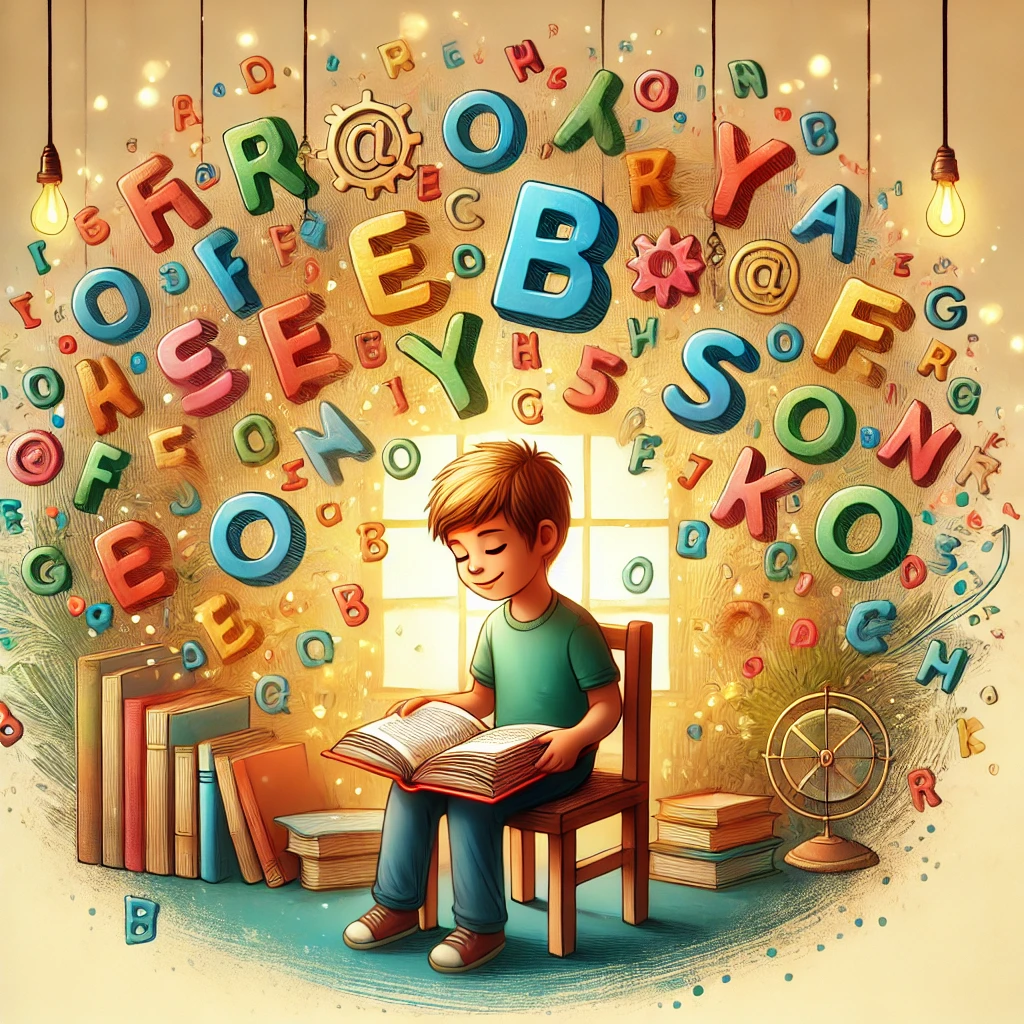 An image depicting dyslexia in a positive light, featuring a child reading a book with colorful, playful letters floating around them.